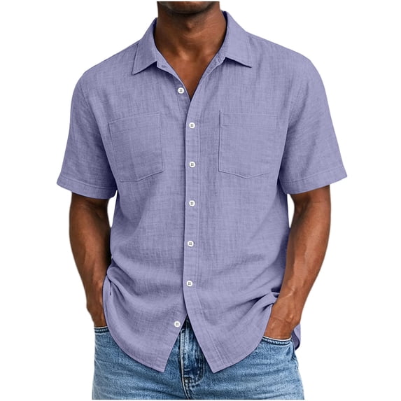 YLSDY Men's Linen-Blend Short Sleeve Shirt, Casual Retro Style with Dual Chest Pockets & Button-Down Closure, Relaxed Fit for Everyday Wear Purple XL