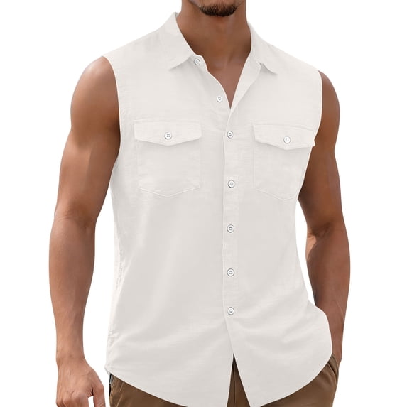 YLSDY Men's Linen Blend Sleeveless Button-Down Shirt, Casual Summer Vest with Dual Chest Pockets White L