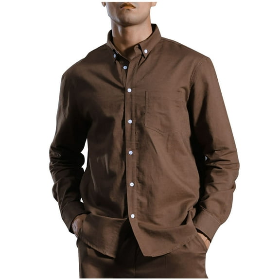 YLSDY Men's Linen Button Down Shirt Long Sleeve Dress Shirt Lightweight Comfortable Summer Tops Solid Color Plain Regular Fit Office Business Brown L