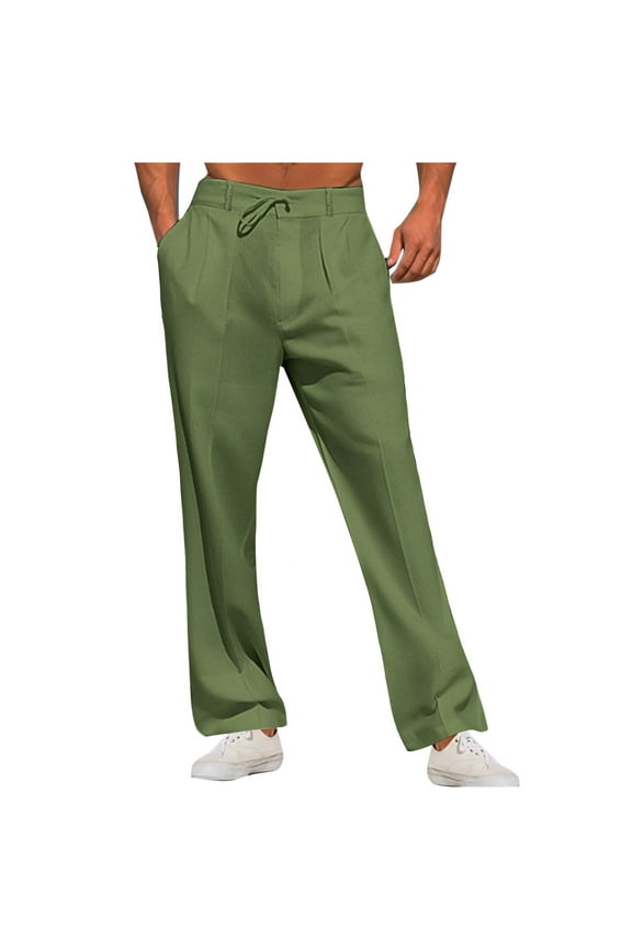 Men's Linen Casual Pants Elastic Waist Beach Pants Lightweight Drawstring Summer Beach Yoga Pants Green S