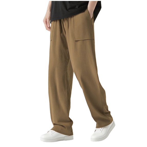 YLSDY Men's Linen Casual Pants Lightweight Breathable Baggy Straight Leg Trousers Drawstring Elastic Waist Lounge Pants Coffee S