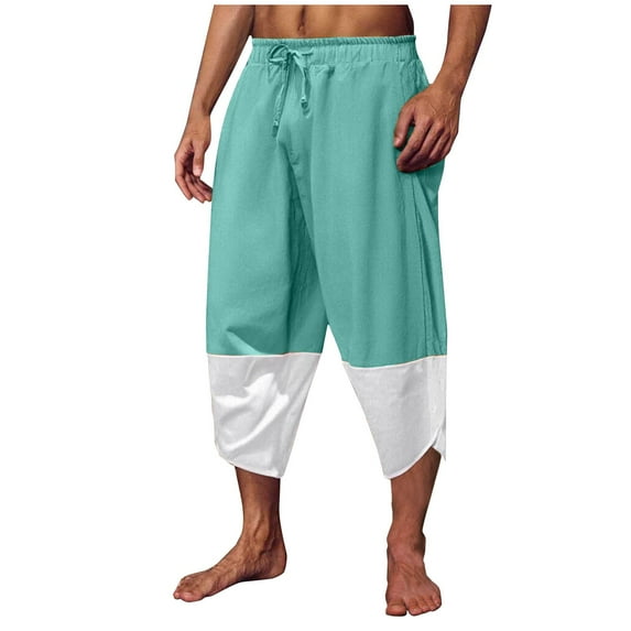 YLSDY Men's Linen Harem Capri Pants Color Block Lightweight 3/4 Shorts Drawstring Elastic Waist Casual Beach Yoga Trousers Green XS