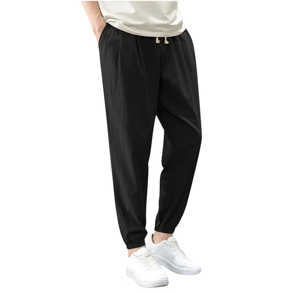YLSDY Men's Linen Harem Pants Casual Loose Drawstring Elastic Waist Sweatpant Outdoor Baggy Hiking Jogger Trousers Pockets Black M