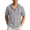 thumbnail image 1 of YLSDY Men's Linen Hoodie Summer Short Sleeve Drawstring Button Down Shirts Comfort Breathable Travel Casual Hooded Tops Gray M, 1 of 9