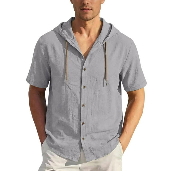 YLSDY Men's Linen Hoodie Summer Short Sleeve Drawstring Button Down Shirts Comfort Breathable Travel Casual Hooded Tops Gray M