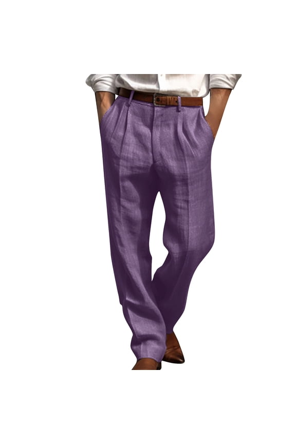 Men's Linen Long Pants Loose Fit Straight Trousers with Pockets Solid Color Summer Beach Pants Purple M