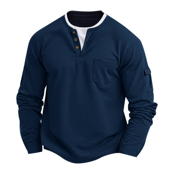 YLSDY Men's Linen Long Sleeve Henley Shirts V Neck Button Solid Color Shirt Spring and Summer T-Shirt with Pocket Navy M