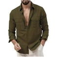 thumbnail image 1 of YLSDY Men's Linen Long Sleeve Shirt Button Down Shirts with Pockets Summer Loose Fit Lightweight Daily Work Top Blouse Army Green XXXL, 1 of 4