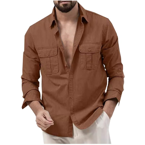 YLSDY Men's Linen Long Sleeve Shirt Button Down Shirts with Pockets Summer Loose Fit Lightweight Daily Work Top Blouse Coffee S
