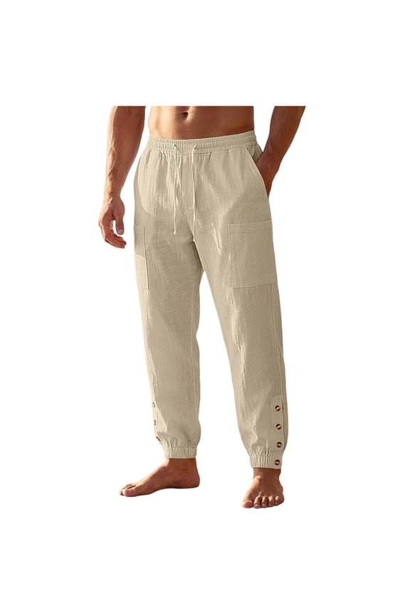 Men's Linen-Look Casual Pants, Elastic Drawstring Waist, Pockets, Button Cuffs, Loose Fit Trousers Beige S
