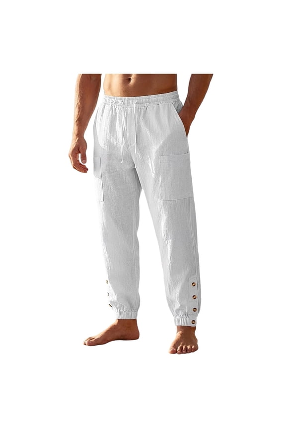 Men's Linen-Look Casual Pants, Elastic Drawstring Waist, Pockets, Button Cuffs, Loose Fit Trousers White XL