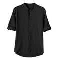 thumbnail image 1 of YLSDY Men's Linen Shirt Stand Collar Half Sleeve Button Down Tops Chinese Style Loose Fit Summer Shirts Black XXXXL, 1 of 8