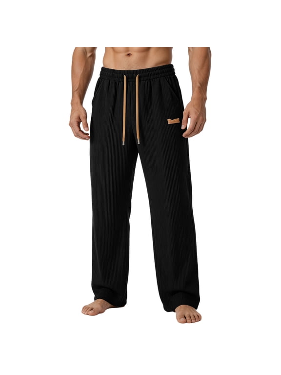 Men's Logo Patch Corduroy Pants, Elastic Waist Drawstring, Relaxed Fit Casual Retro Trousers Black M