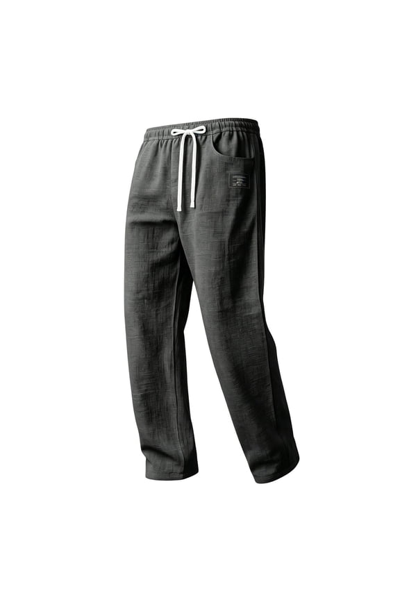 Men's Logo Patch Linen Blend Pants, Elastic Waist Drawstring, Straight Leg Basic Daily Casual Trousers Black S