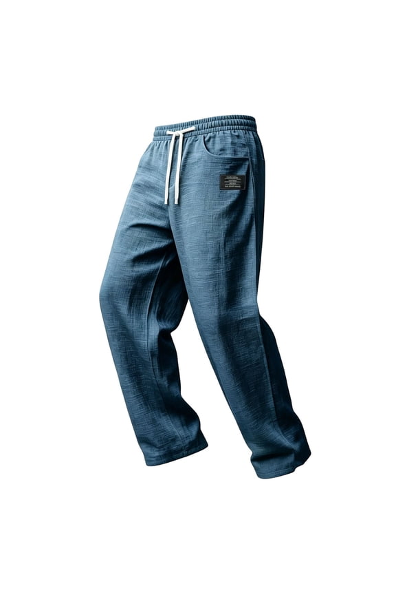 Men's Logo Patch Linen Blend Pants, Elastic Waist Drawstring, Straight Leg Basic Daily Casual Trousers Navy XL