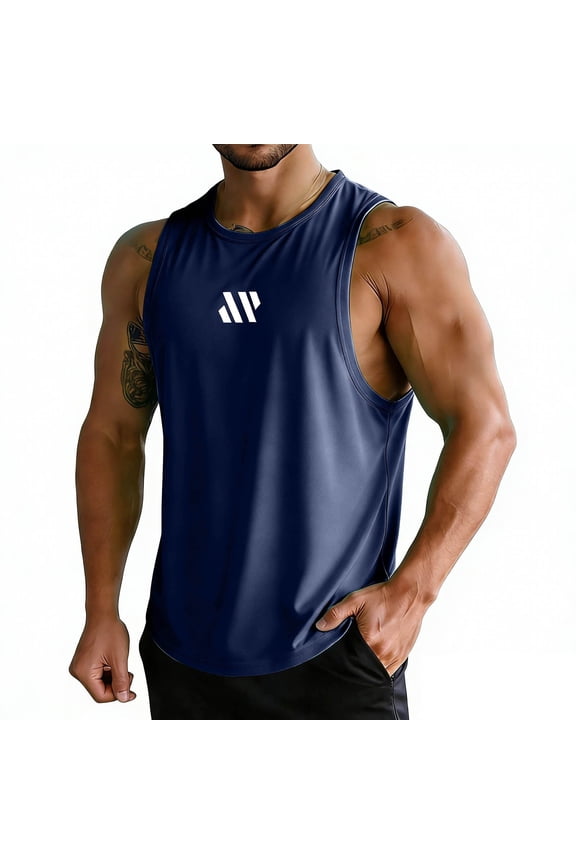 Men's Logo Print Athletic Tank Top, Quick Dry Breathable Sleeveless Shirt for Gym and Training Navy XL