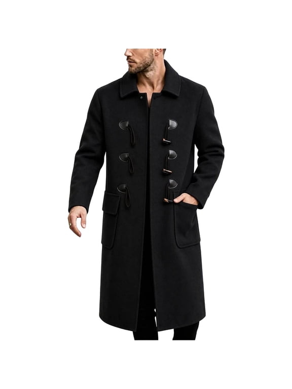Men's Long Duffle Coat Classic Toggle Button Closure Lapel Collar Side Pockets Warm Outer Coat for Cold Weather Formal Casual Events Black M