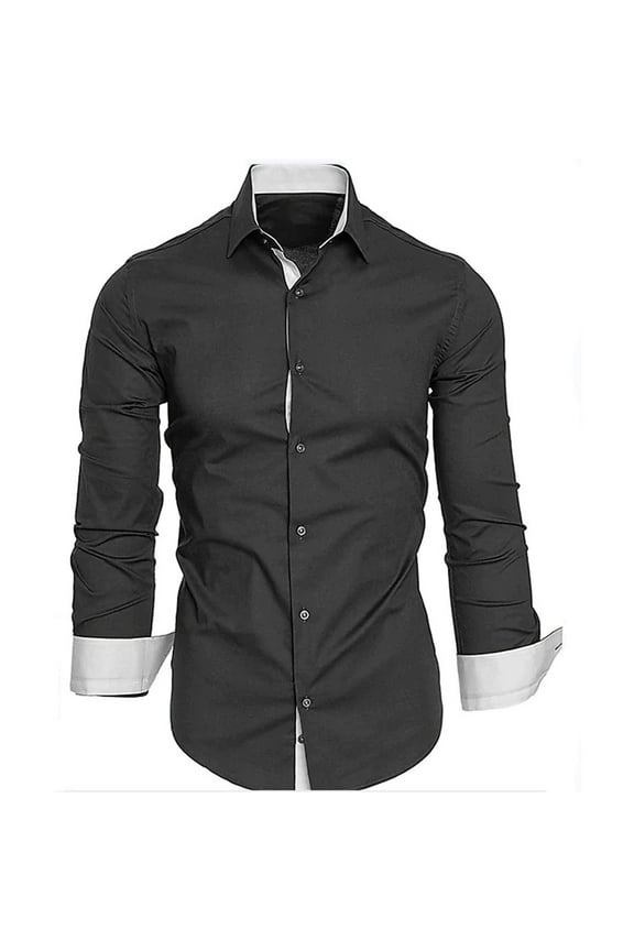 Men's Long Sleeve Button Down Dress Shirts with Contrast Trim French Cuff Business Dress Shirt Wedding Leisure Tops Black XXL