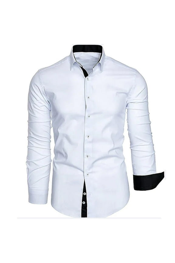 Men's Long Sleeve Button Down Dress Shirts with Contrast Trim French Cuff Business Dress Shirt Wedding Leisure Tops White L