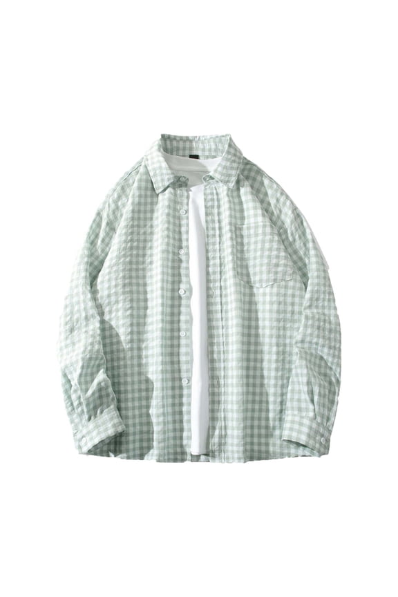 Men's Long Sleeve Button Up Plaid Flannel Shirt Loose Fit Checkered Dress Work Office Tops Blouse Mint Green L