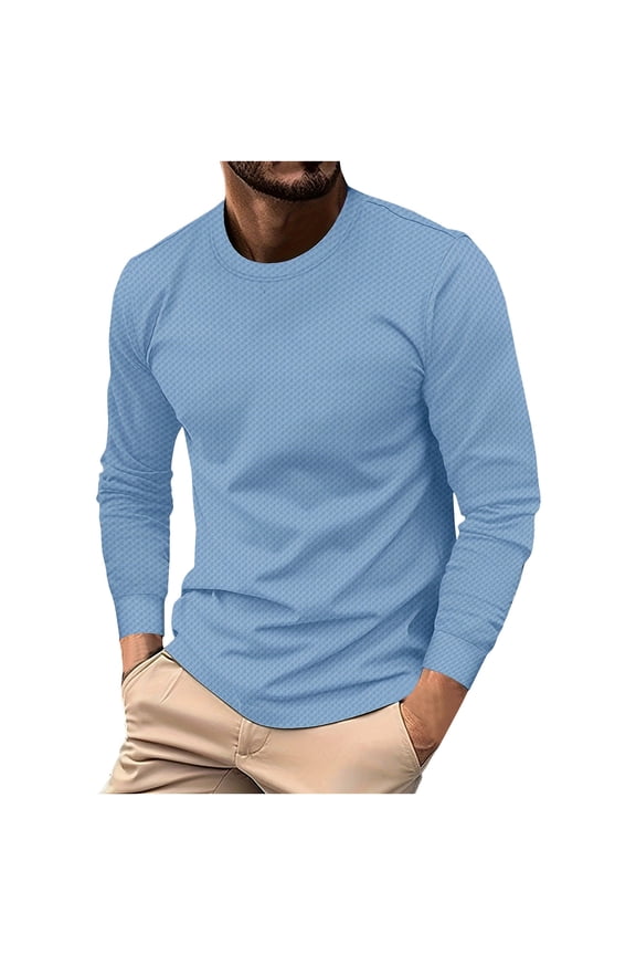 Men's Long Sleeve Crew Neck T-Shirt Waffle Knit Henley Shirt Slim Fit Pullover Tops Thermal Tee Blue S