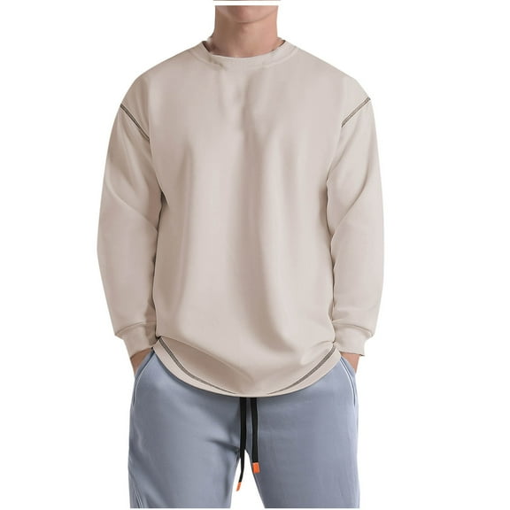YLSDY Men's Long Sleeve Crewneck Sweatshirt Loose Fit Pullover Basic Tops Comfortable Breathable T-Shirt Beige XXL