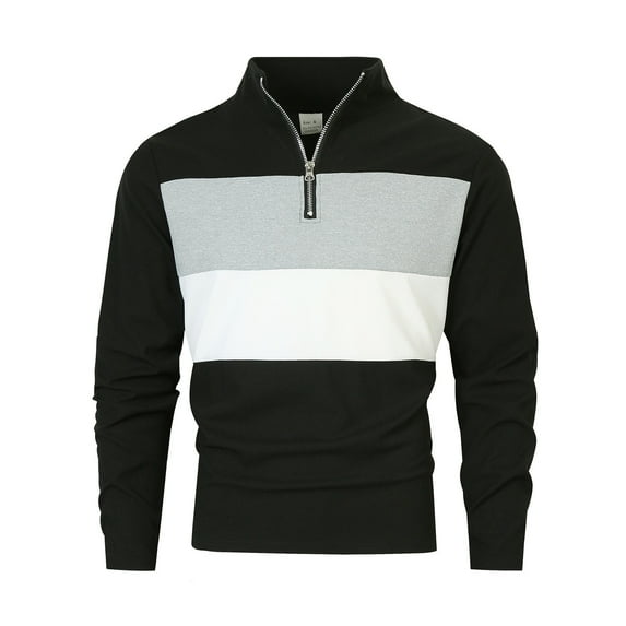 YLSDY Men's Long Sleeve Half Zip Lapel Shirt, Casual Striped Colorblock Top Contrast Color Patchwork Button Collared Shirts Black XXXL