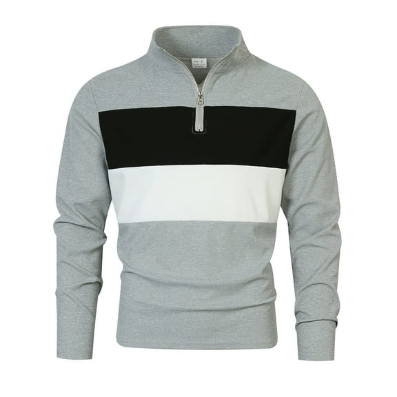 YLSDY Men's Long Sleeve Half Zip Lapel Shirt, Casual Striped Colorblock Top Contrast Color Patchwork Button Collared Shirts Gray M