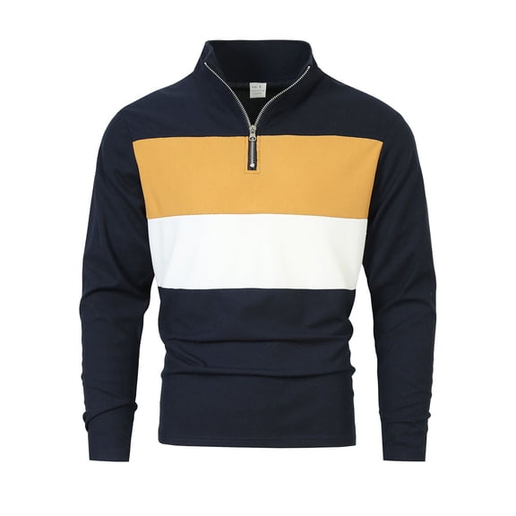 YLSDY Men's Long Sleeve Half Zip Lapel Shirt, Casual Striped Colorblock Top Contrast Color Patchwork Button Collared Shirts Navy M