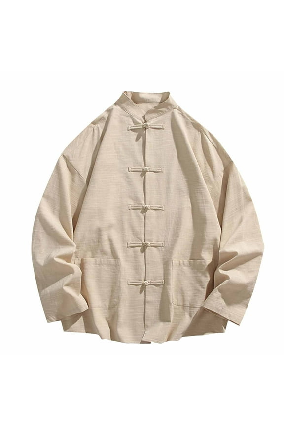 Men's Long Sleeve Lightweight Linen Shirt Coat Plus Size Solid High Neck Frog Button Kung Fu Jacket Tang Suit Beige XXXL