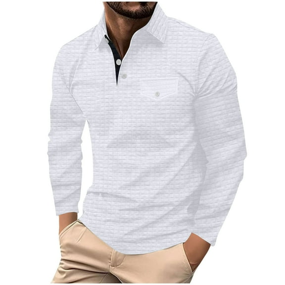 YLSDY Men's Long Sleeve Shirt Button Down T Shirt with Chest Pocket Solid Color Dress Shirts Slim Fit Top Comfortable Breathable Daily White L