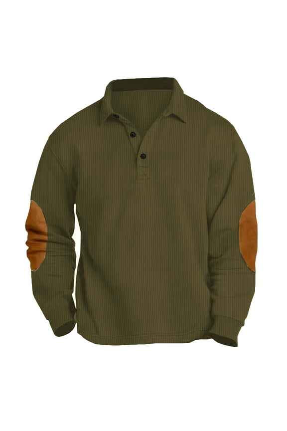 Men's Long Sleeve Shirt Patch Elbow Button Top T-Shirt Solid Color Plain Shirt Army Green M