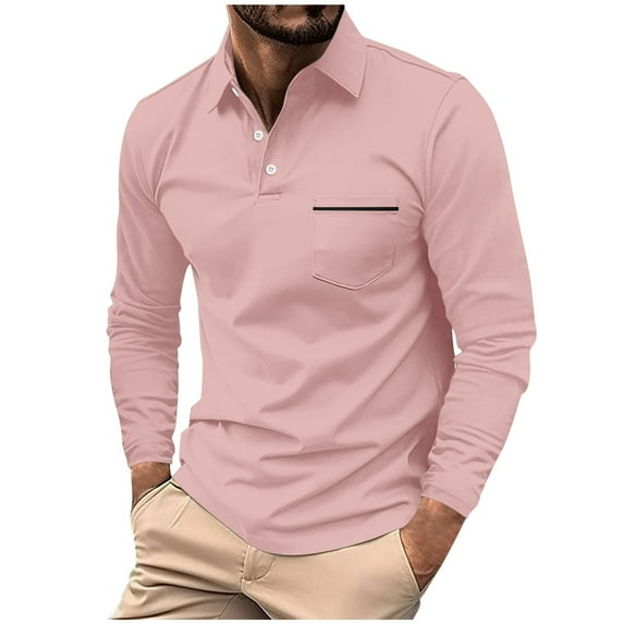 YLSDY Men's Long Sleeve Shirt with Pocket Lapel Button Down T-Shirt Business Slim Fit Golf Shirts Pink M