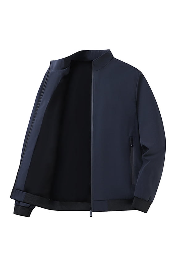 Men's Long Sleeve Stand Collar Zipper Cardigan Jacket Soft Fabric Comfortable Zipper Pocket Casual Outwear for Outdoor Sports and Work Navy M
