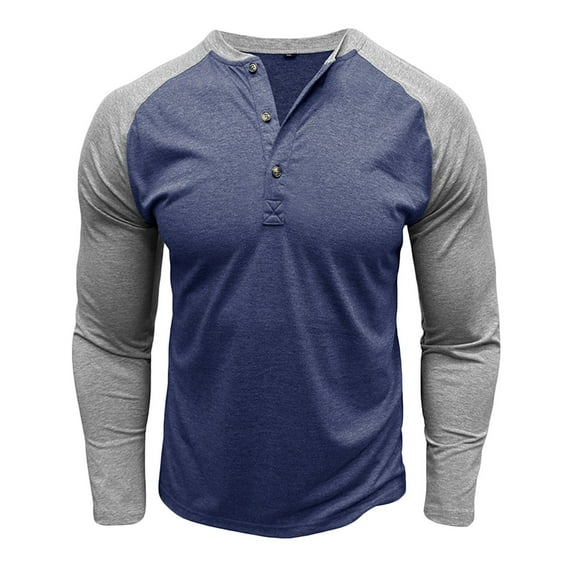YLSDY Men's Long Sleeve T Shirt Button Down Baseball Raglan Tops Dark Blue XXL