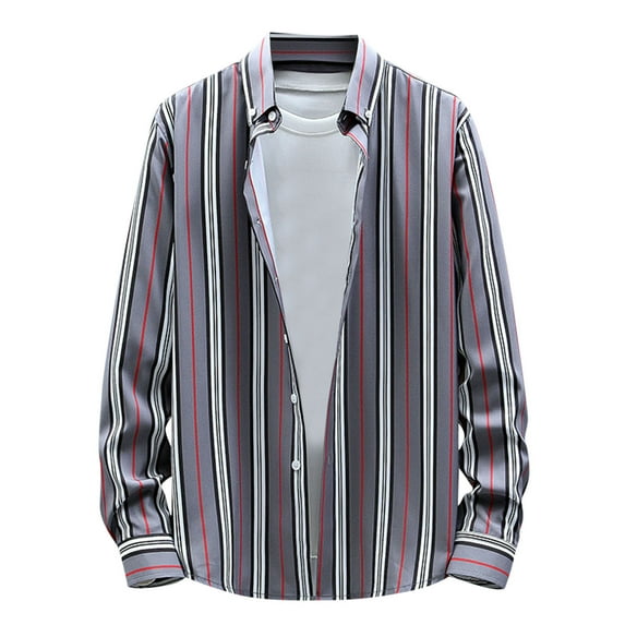 YLSDY Men's Long Sleeve Turn-Down Collar Button Up Striped Print Dress Shirt Tops Blouse Gray M