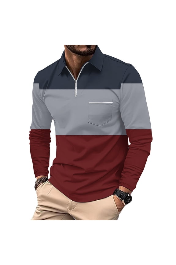 Men's Long Sleeve Turn Down Collar Shirt Color Block Zipper T Shirt with Pocket Red L