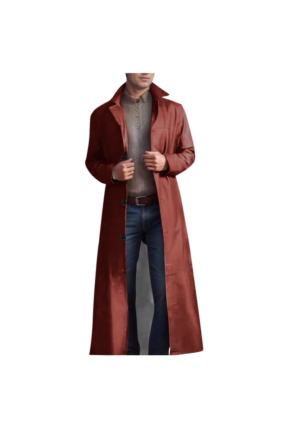 Men's Long Trench Coat Classic PU Leather Overcoat Button Down Windbreaker Jacket Brown S