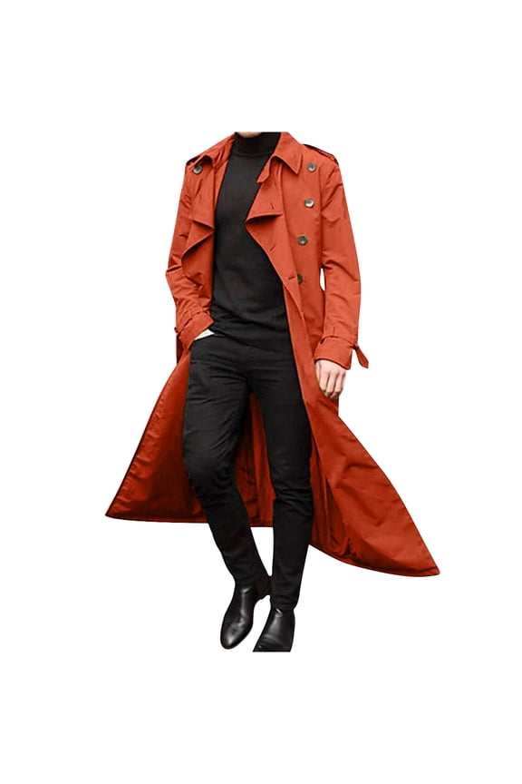 Men's Long Trench Coat Double-Breasted Lapel Overcoat Slim Fit Windbreaker Business Outwear with Belt Gold XL
