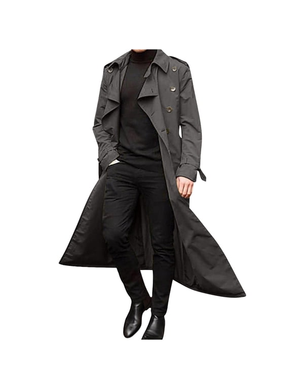 Men's Long Trench Coat Double Breasted Overcoat Lapel Turn Down Collar Outwear with Belt Winter Windproof Warm Wool Blend Coat Dark Gray S