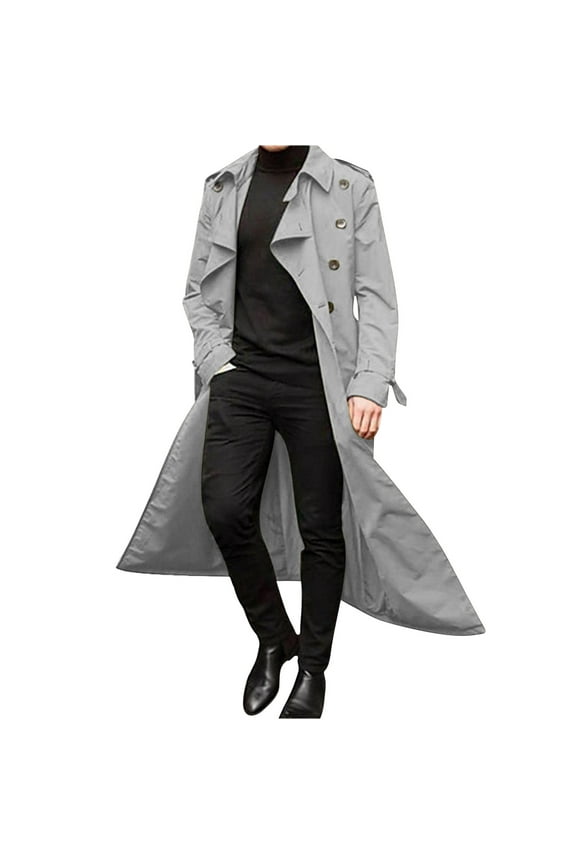 Men's Long Trench Coat Double Breasted Overcoat Lapel Turn Down Collar Outwear with Belt Winter Windproof Warm Wool Blend Coat Gray S