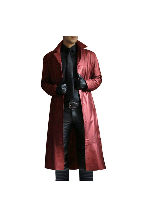 Men's Long Trench Coat Slim Fit Single Breasted Overcoat Lapel Turn-Down Collar Business Outwear with Belt Red XXL