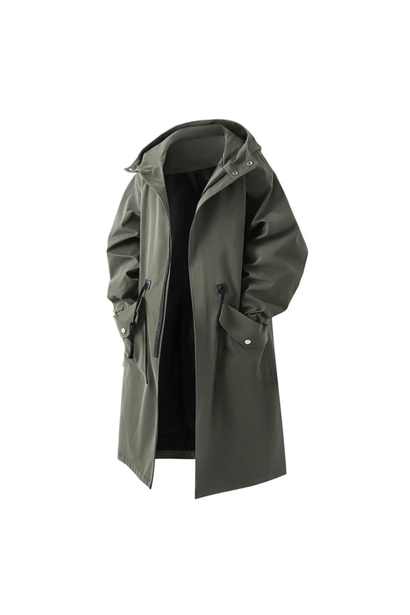 Men’s Long Windbreaker With Hood Winter Lightweight Casual Fashion Jackets Outdoor Hiking Trench Coat for Men Army Green L