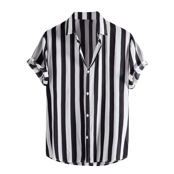YLSDY Men's Loose Fit Short Sleeve Striped Print Button Down Shirts Tops Blouse Black XXL