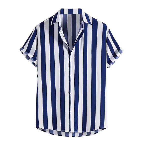 YLSDY Men's Loose Fit Short Sleeve Striped Print Button Down Shirts Tops Blouse Blue XXXL