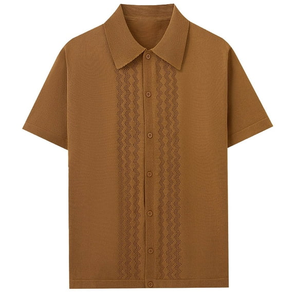 YLSDY Men's Luxury Business Casual Knitted Shirt Vintage Summer Fashion Solid Color Short Sleeve Knit Cardigan Brown M