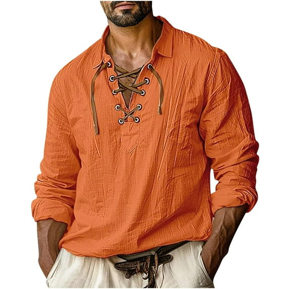 YLSDY Men's Medieval Renaissance Pirate Shirt Vintage Linen Tunic Tops V-Neck Long Sleeve Lace-Up Loose Fit Blouse Orange XXL