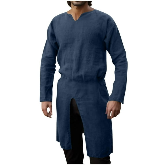YLSDY Men's Medieval Tunic Long Sleeve Linen Shirt Renaissance Costume Cosplay Gothic V Neck Loose Fit Tunic Top Medieval Clothing Blue XL