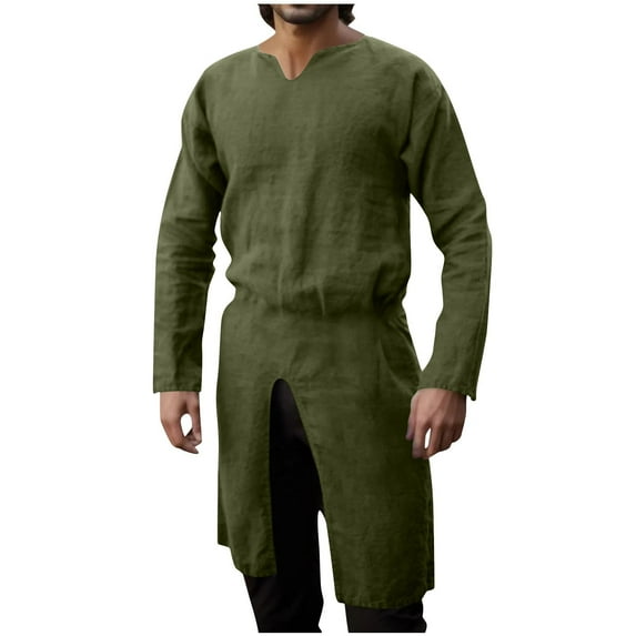 YLSDY Men's Medieval Tunic Long Sleeve Linen Shirt Renaissance Costume Cosplay Gothic V Neck Loose Fit Tunic Top Medieval Clothing Green XL