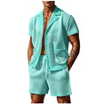 thumbnail image 1 of YLSDY Men's Mesh 2 Piece Outfits Short Sleeve Button Down Shirts Drawstring Elastic Short Sets Summer Breathable Outfits Mint Green S, 1 of 8